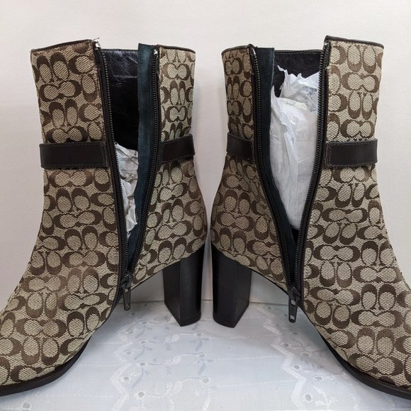 Coach Khaki & Brown Jacquard Signature Logo Bibi Mid Calf Boots - size 5.5M NWT